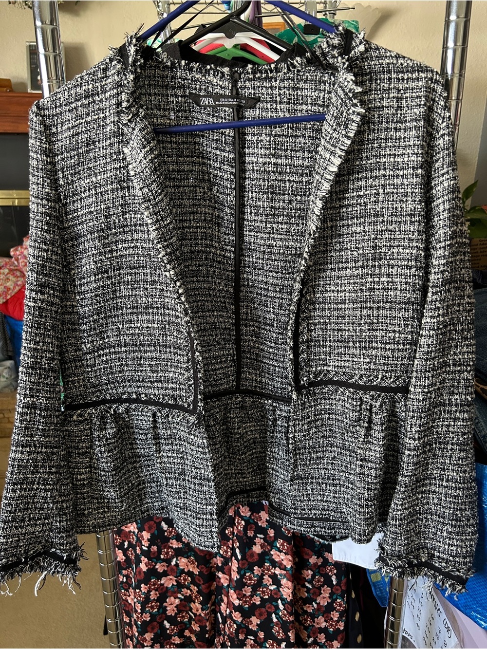 Zara Black and White Tweed Peplum Blazer